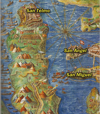 Mapa de los tres fuertes más importantes de Malta